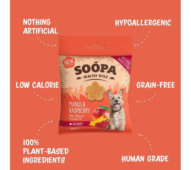 Soopa Healthy Bites šunų skanėstai su mango ir avietėmis (Mango - Raspberry), 50 g1