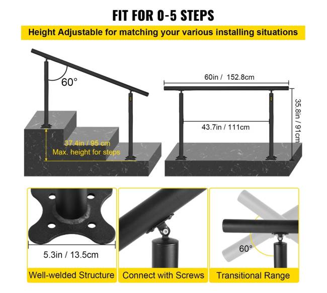 Laiptų turėklų komplektas 5 FT, juodas aliuminis2