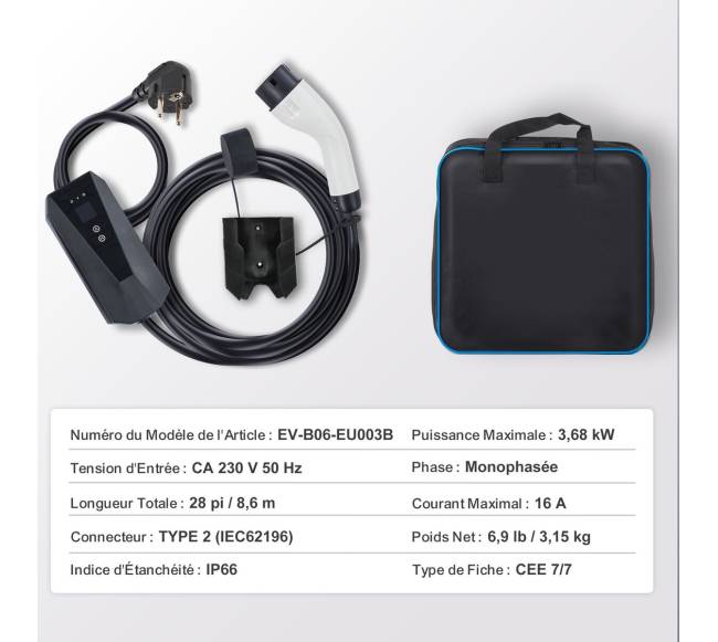 Nešiojamas EV įkroviklis Tipas 2, 16A 3.7kW6