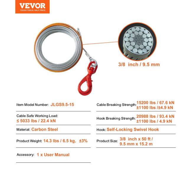 Cinkuota plieninė gervės virvė 9.5mm x 15.2m6