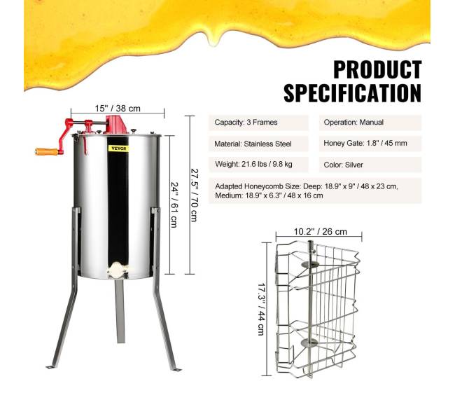 Rankinė medaus sukimo centrifuga, trijų rėmelių ekstraktorius6