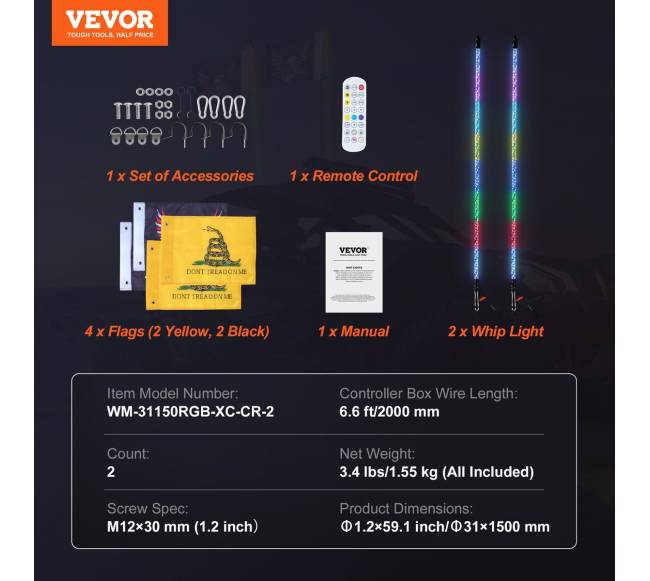 2 komplektų 1,5 m LED spiralinių antenų šviesos6