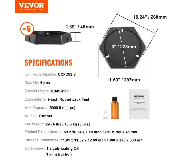 RV lyginimo trinkelės su 23 cm guminėmis kojelėmis, 6 vnt.6