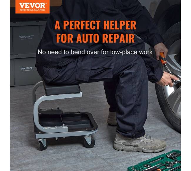 Mechaniko garažo taburetė su įrankių dėklu1