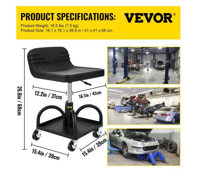 Reguliuojama garažo kėdutė su ratukais, 135 kg6