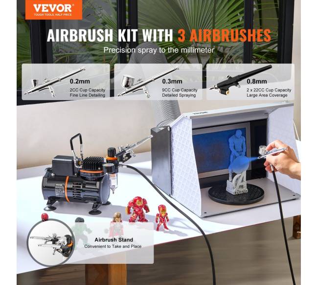 Aerografų rinkinys su kompresoriumi ir 3 aerografais1