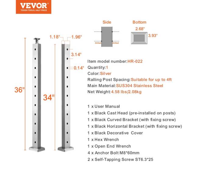 nerūdijančio plieno turėklo stulpelis 91 cm6