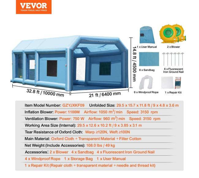 Pripučiama dažymo kabina, 10 x 6.4 x 4.5 m6