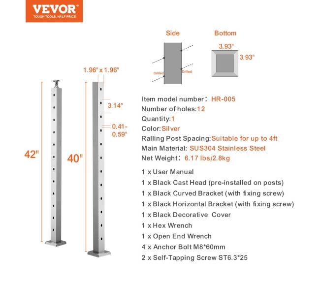 Turėklų stulpas su kampu 306