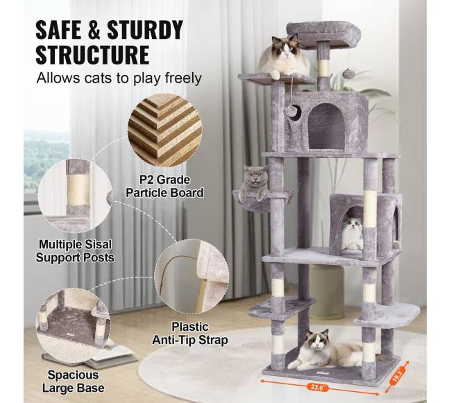 Katės medis su nameliais ir draskykle šviesiai pilkas5