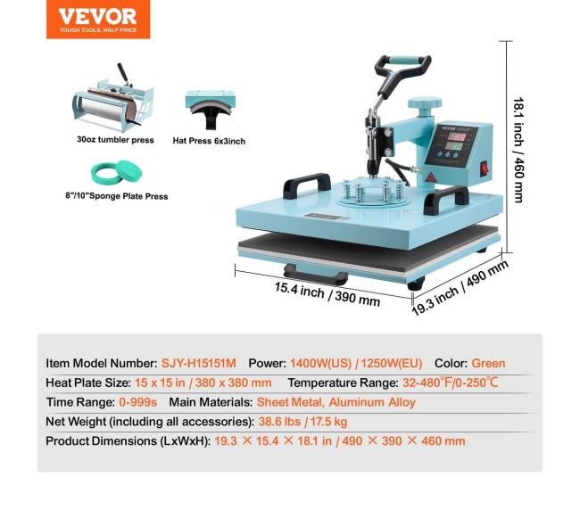 Šilumos presas 38x38 cm 5in1 su 30oz presu žalios spalvos6