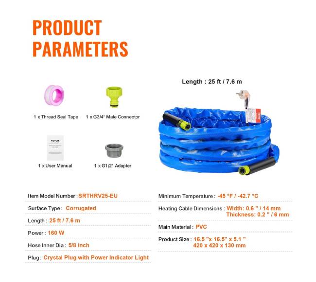 7.6 m šildomas vandens žarna RV6