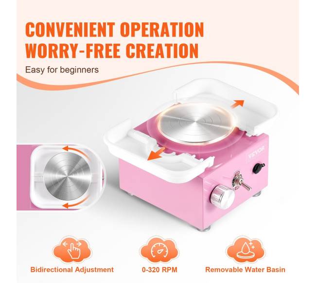 Mažas elektrinis keramikos ratas 0-320 RPM rožinis2