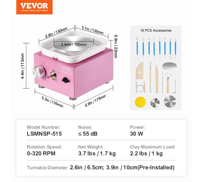 Mažas elektrinis keramikos ratas 0-320 RPM rožinis6