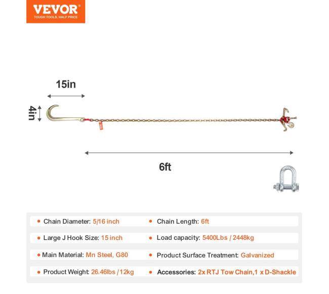 2 gab. 8 mm x 180 cm vilkimo grandinė su kabliais6