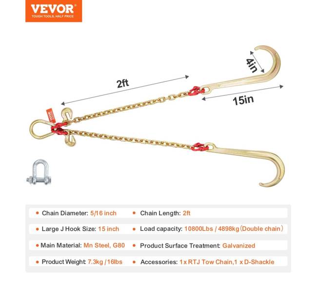 8 mm x 60 cm G80 vilkimo grandinė su kabliais6