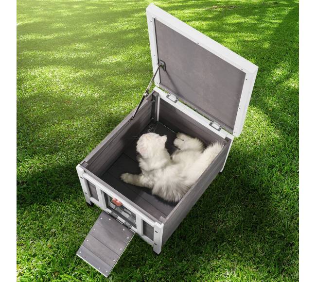 Lauko katės namelis su stogu ir PVC durelėmis7