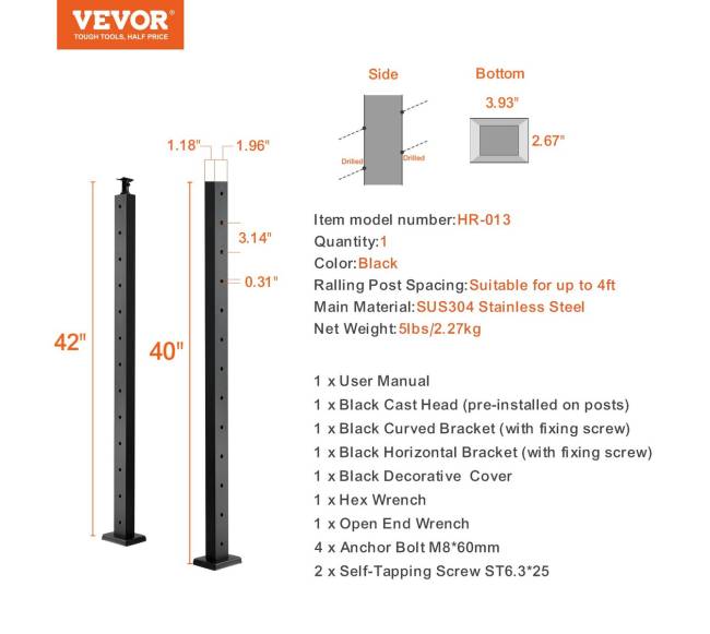juodas horizontalių skylių turėklų stulpas 106cm6