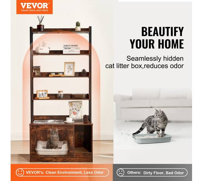 Medinė kačių tualeto dėžė su 4 lentynomis1