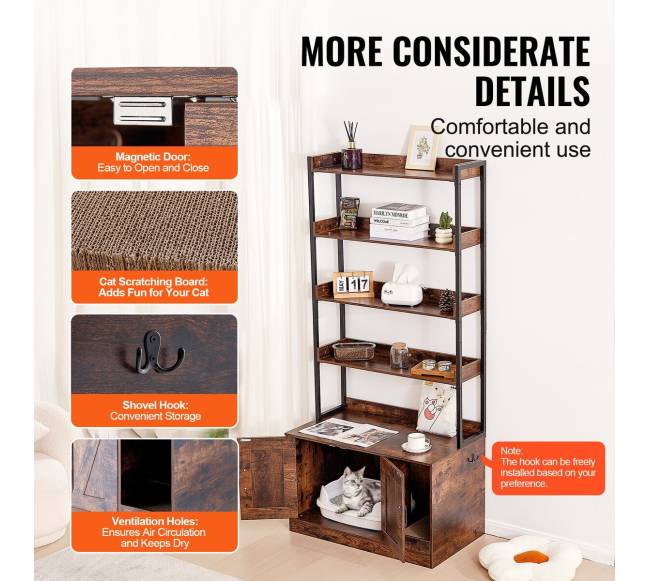 Medinė kačių tualeto dėžė su 4 lentynomis5