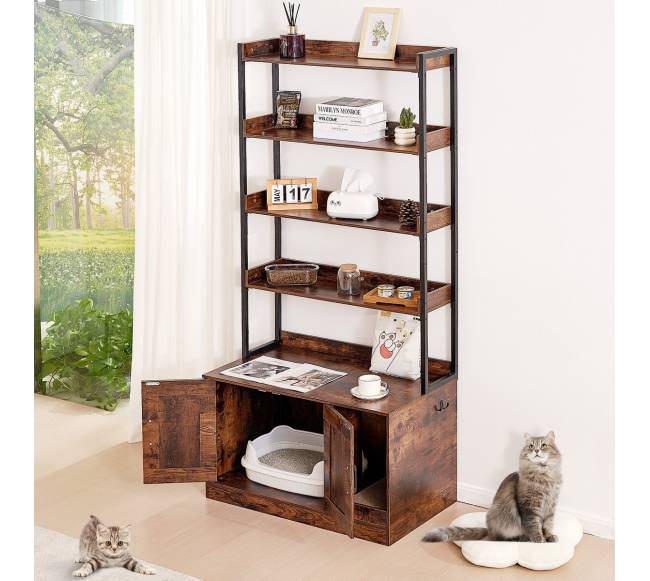 Medinė kačių tualeto dėžė su 4 lentynomis7