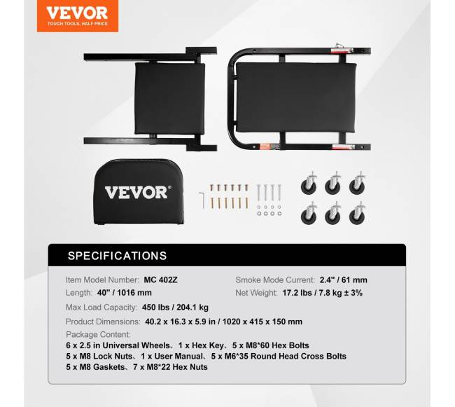 40 colių sulankstomas mechaniko kėdė su 204 kg talpa6