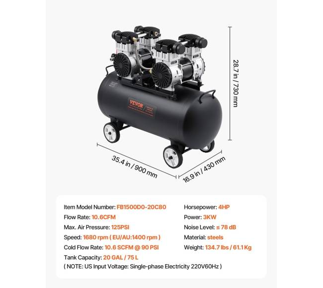 Kompaktiškas nealyvuotas oro kompresorius 20 gal 90 PSI6