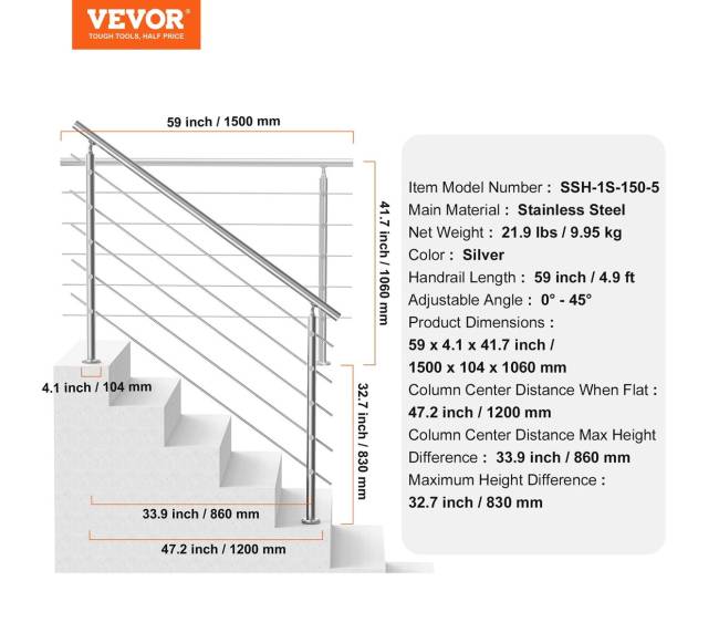 59 cm laiptų turėklai su 5 skersiniais6