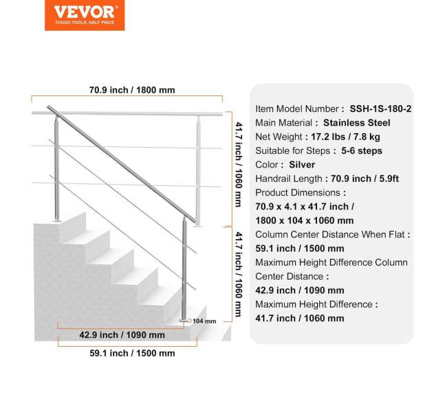 180 cm turėklai lauko laiptams su dviem skersiniais6