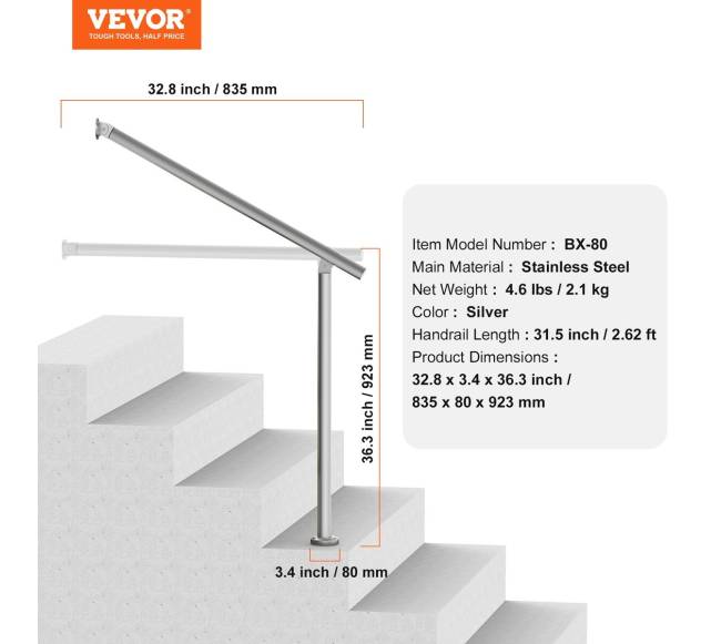 80 cm nerūdijančio plieno turėklai laiptams6