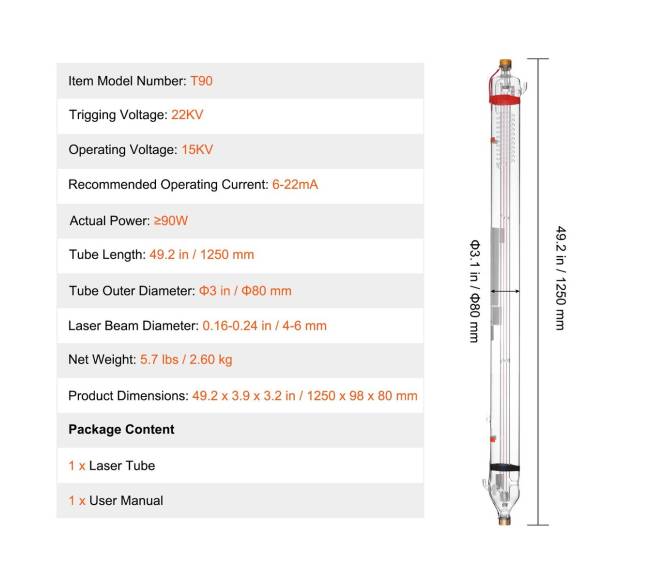 90W CO2 lazerio vamzdis 1250 mm6