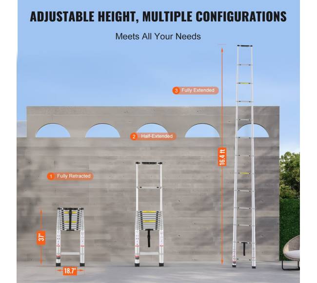 Teleskopinės kopėčios 5 m su kelių mygtukų sutraukimu5