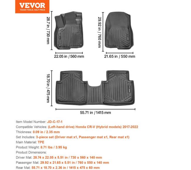 Automobiliniai kilimėliai Honda CR-V (hibrid.) 2017-20225