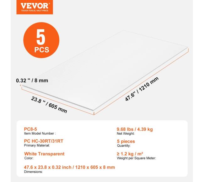 5 dalių polikarbonato šiltnamio plokštės 1210x605x8 mm6