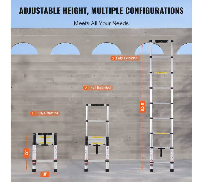 Teleskopinės kopėčios 8,5 ft su vieno mygtuko įtraukimu5