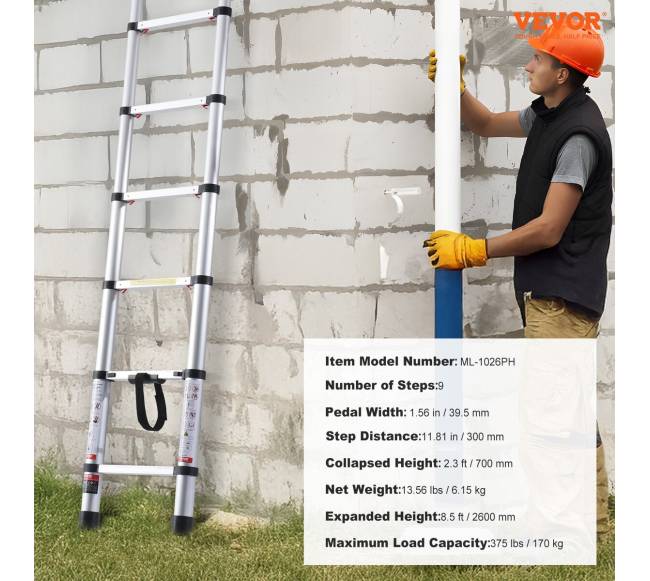 Teleskopinės kopėčios 8,5 ft su vieno mygtuko įtraukimu6