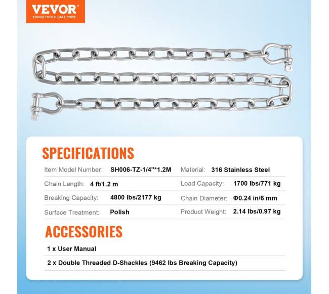 Valties inkarinė grandinė iš nerūdijančio plieno 1,2 m6