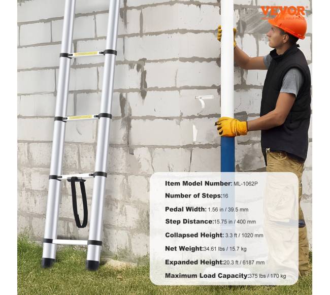 Teleskopinė išskleidžiama kopėčia 6,2 m, reguliuojama6