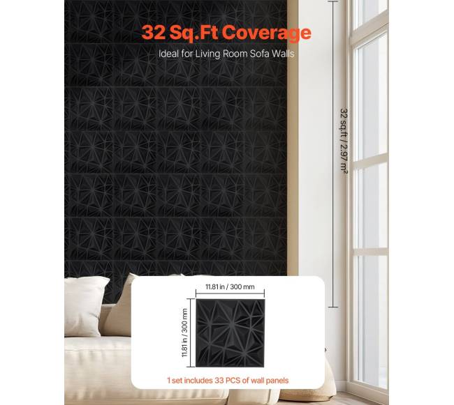 3D sienų plokštės, juodos, 33 vnt.4