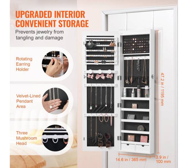 Veidrodinė papuošalų spinta su užraktu, balta3