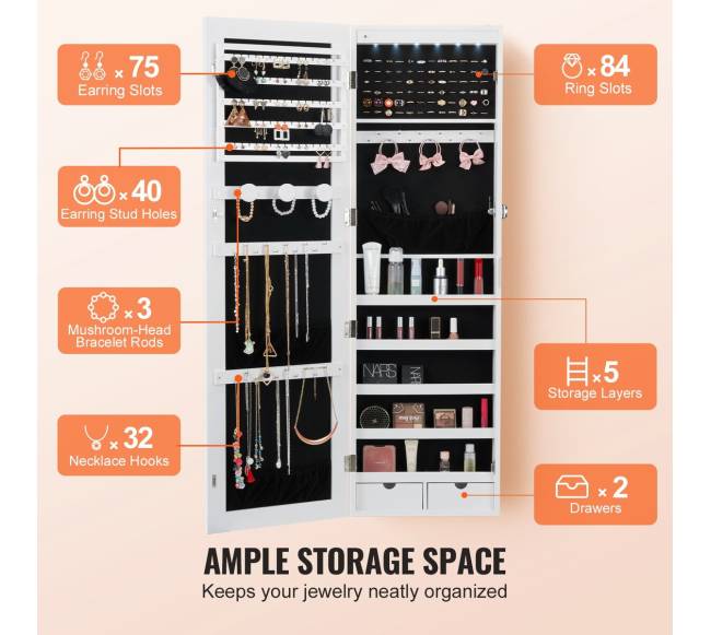 Veidrodinė papuošalų spinta su užraktu, balta4