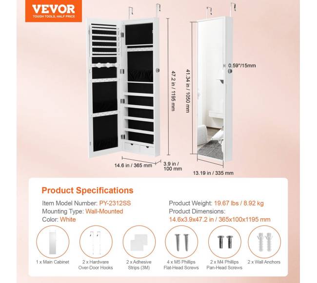 Veidrodinė papuošalų spinta su užraktu, balta6