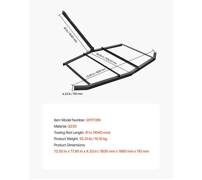 72 colių pločio velkama akėčių plėtinė ATV UTV6