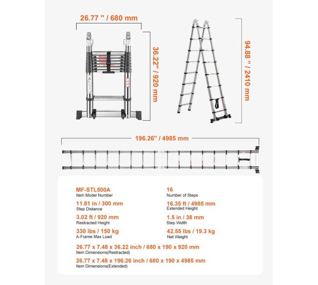 Kaipštredno nerūdijančio plieno teleskopinės kopėčios 5 m6