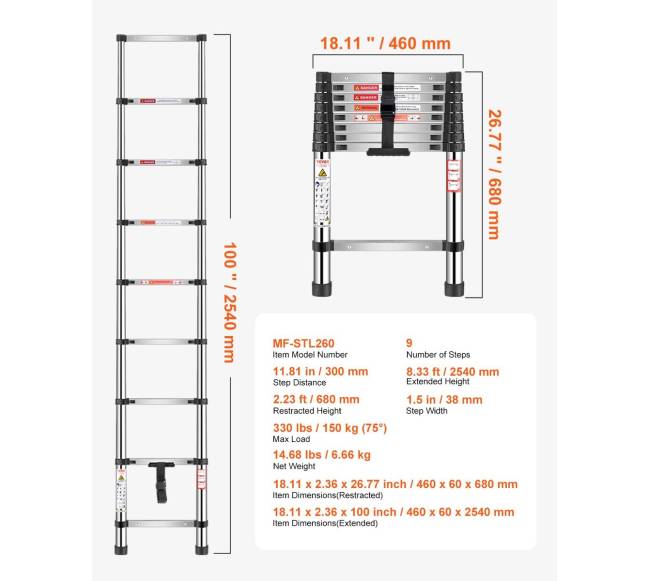 Ištraukiamos kopėčios iš nerūdijančio plieno 2.5 m6