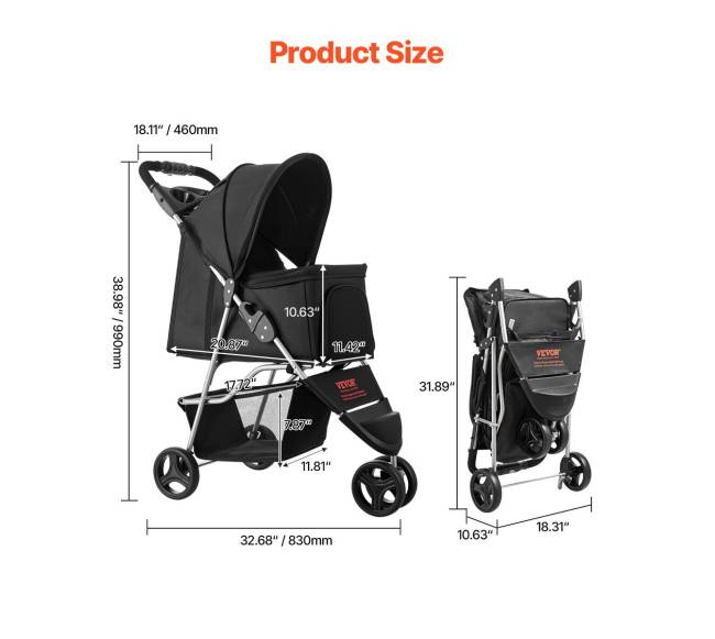 Sulankstomas gyvūnų vežimėlis su 3 ratais ir stabdžiu1