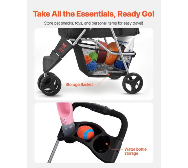 Sulankstomas gyvūnų vežimėlis su 3 ratais ir stabdžiu5