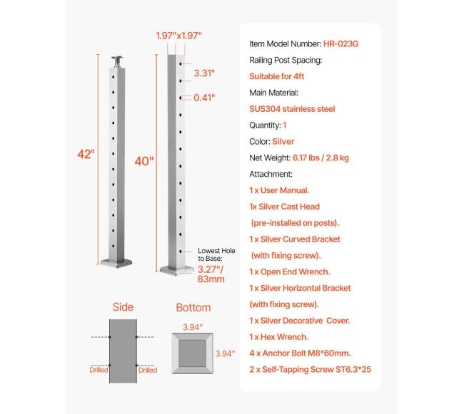 nerūdijančio plieno turėklų stulpelis 106,7 cm6