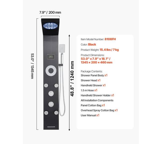 Dušo panelė su lietaus srove ir masažo purkštukais6