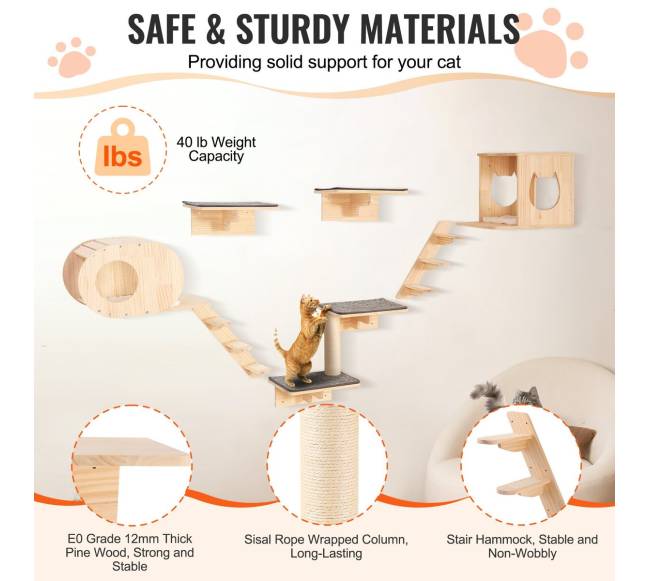 Sieniniai kačių lentynos su hamakų rinkiniu (7 dalys)2